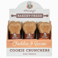 Package of 'etta says!' Cheddar & Bacon Cookie Crunchers dog treats on a white background