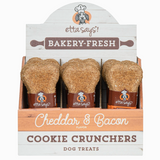 Package of 'etta says!' Cheddar & Bacon Cookie Crunchers dog treats on a white background