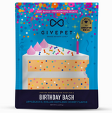 Dog treat package with birthday cake design and 'GIVEPET' branding on a white background.