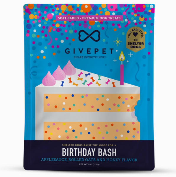 Dog treat package with birthday cake design and 'GIVEPET' branding on a white background.