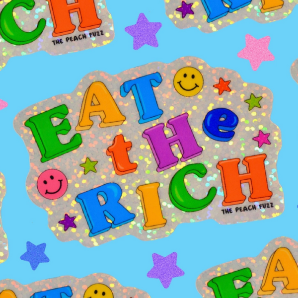 Colorful text pattern with 'Eat the Rich' on a blue background