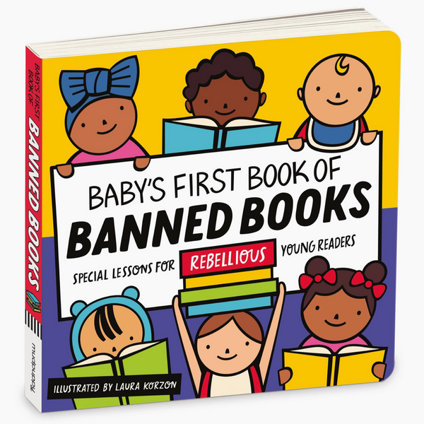 Book titled 'Baby's First Book of Banned Books' with cartoon illustrations on a yellow and purple background.