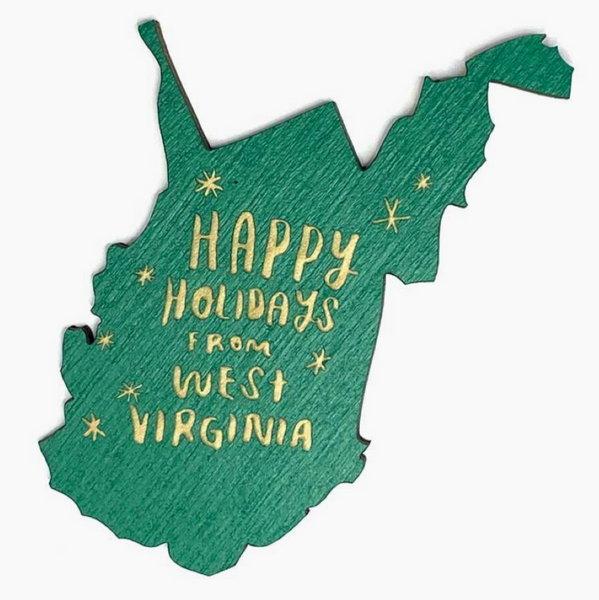 Map of West Virginia with 'Happy Holidays from West Virginia' text on a white background