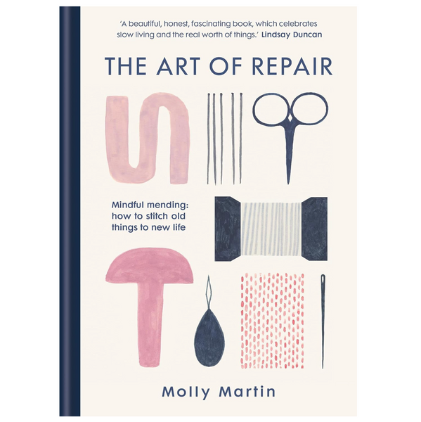 Book cover of 'The Art of Repair' by Molly Martin with illustrations of sewing tools on a white background.
