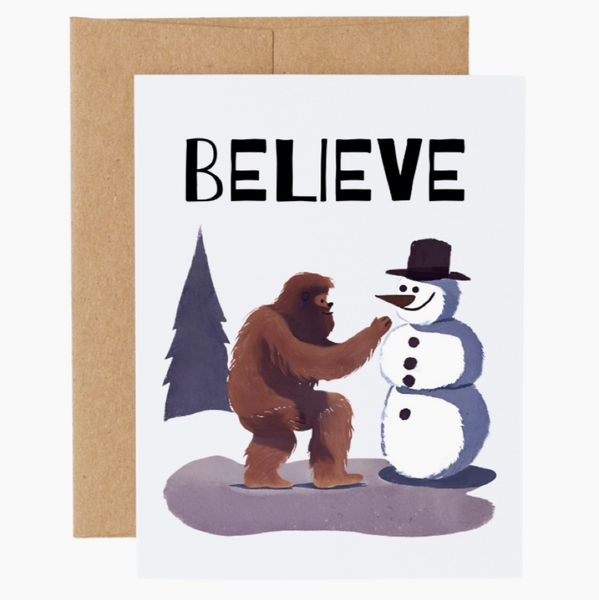 Bigfoot Snowman Believe Holiday Card