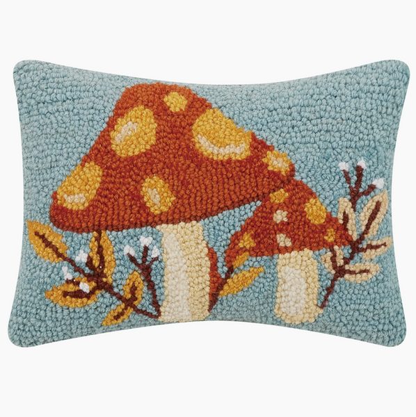 Autumn Mushrooms With Leaves Wool Hooked Pillow