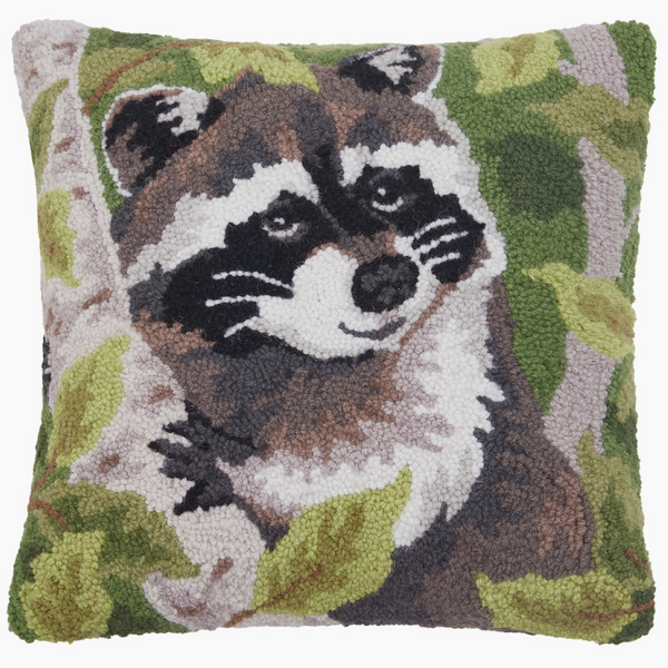 Raccoon In The Trees Wool Hooked Pillow