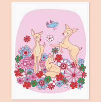 Illustration of three deer surrounded by colorful flowers on a pink background