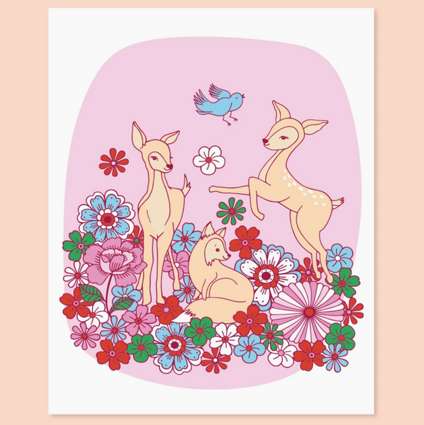 Illustration of three deer surrounded by colorful flowers on a pink background