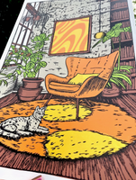 70s Book Nook Linocut Print