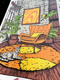 70s Book Nook Linocut Print
