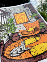 70s Book Nook Linocut Print