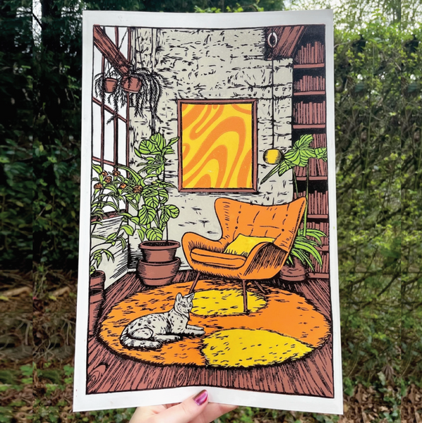 70s Book Nook Linocut Print