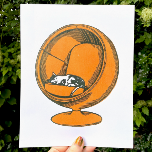 Cat In Ball Chair Linocut Print
