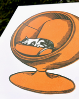 Cat In Ball Chair Linocut Print