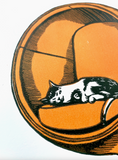 Cat In Ball Chair Linocut Print