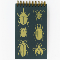 Notebook with gold beetle illustrations on a dark green background