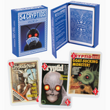 Collection of Cryptids-themed playing cards and packaging on a white background