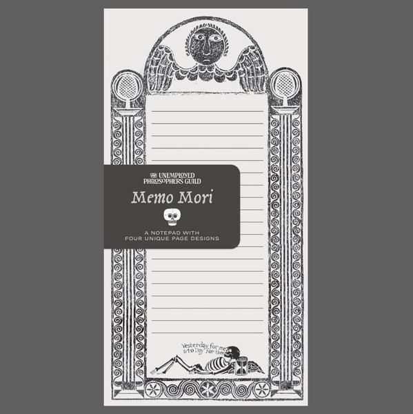 Decorative notebook with 'Memo Mori' design on a gray background