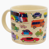 Mug with colorful car illustrations on a beige background
