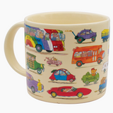 Mug with colorful car illustrations on a white background
