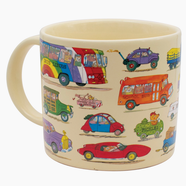 Mug with colorful car illustrations on a white background