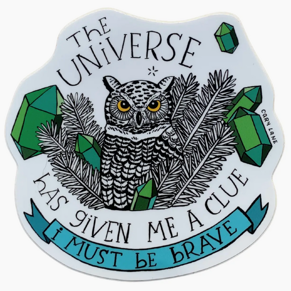 Sticker with an owl illustration and motivational quote on a white background
