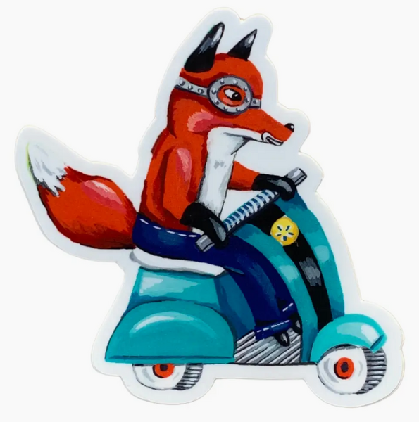 Sticker of a fox riding a scooter on a white background