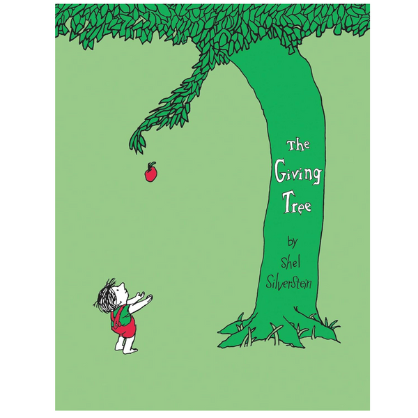 Cover of 'The Giving Tree' by Shel Silverstein with a child and a tree on a green background.