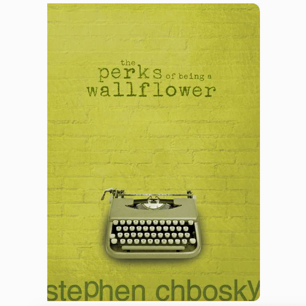 Book cover of 'The Perks of Being a Wallflower' with a typewriter on a green background