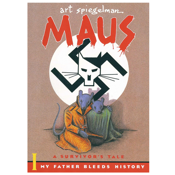 Book cover of 'Maus' by Art Spiegelman with a brown background and red text.