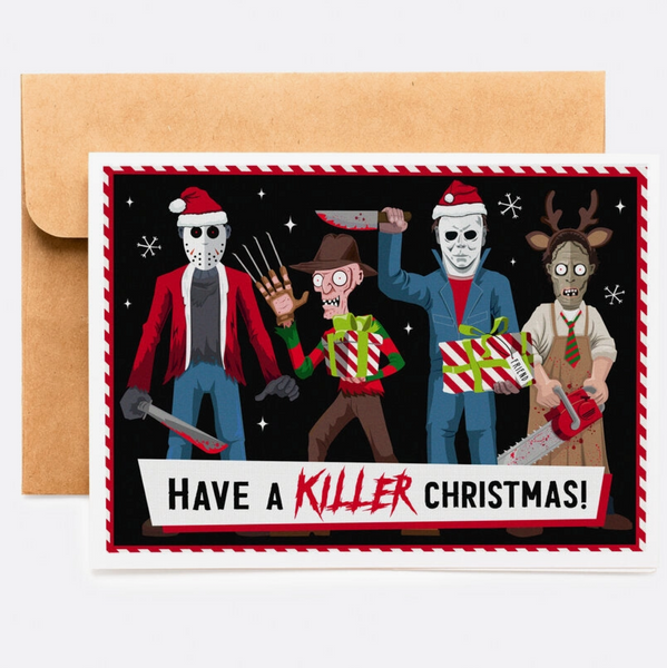 Greeting card with cartoon characters and 'Have a Killer Christmas!' text on a white background.