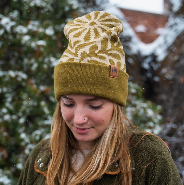 Olive Floral Pattern Fold Over Beanie