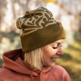 Olive Floral Pattern Fold Over Beanie