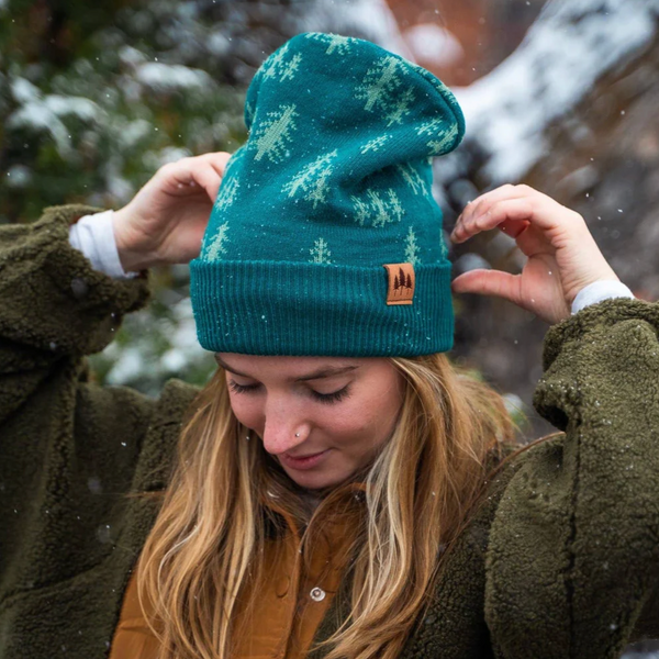 Teal Pine Tree Pattern Fold Over Beanie