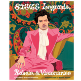 Book cover titled 'Style Legends: Rebels & Visionaries' with a person in a pink suit on a colorful background.