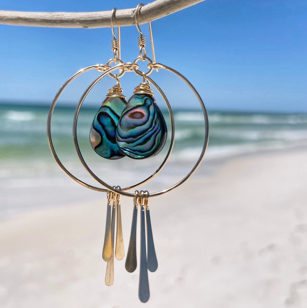 Circle Hoop Earrings With Abalone Drop + Fringe