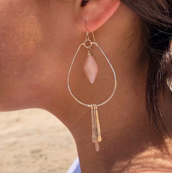 Hammered Hoop Earrings With Peach Moonstones