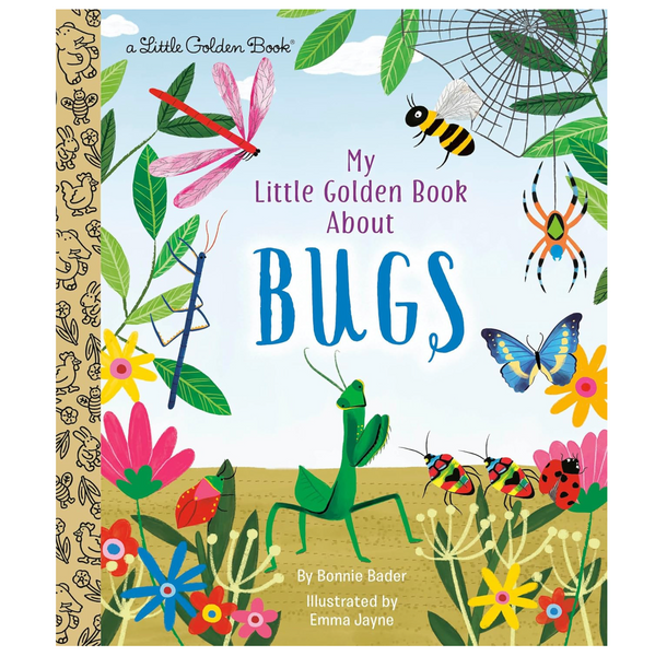 Book cover of 'My Little Golden Book About Bugs' with colorful illustrations of insects and flowers.