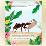 Illustration of an ant on a book page with floral elements