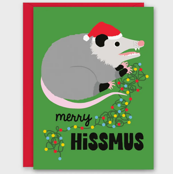 Card with an opossum wearing a Santa hat and surrounded by Christmas lights, with 'merry HiSSMUS' text.