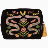 Black pouch with colorful embroidery and a tassel on a white background