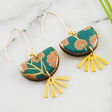 Teal + Pink Floral Brass Fan Earrings