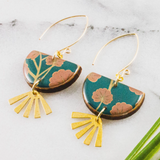 Teal + Pink Floral Brass Fan Earrings
