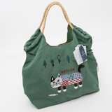 Kusuguru Embroidered Cat Nylon Shoulder Tote Bag In Green