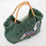 Kusuguru Embroidered Cat Nylon Shoulder Tote Bag In Green