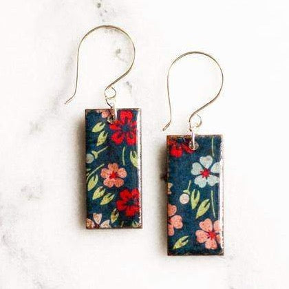 NAVY FLORAL RECTANGLE EARRINGS