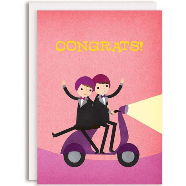 2 GROOMS ON MOPED WEDDING CARD