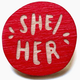 LASER ENGRAVED WOOD PIN - RED PRONOUNS