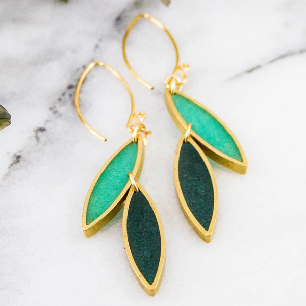 Spring Green Brass Leaf Earrings